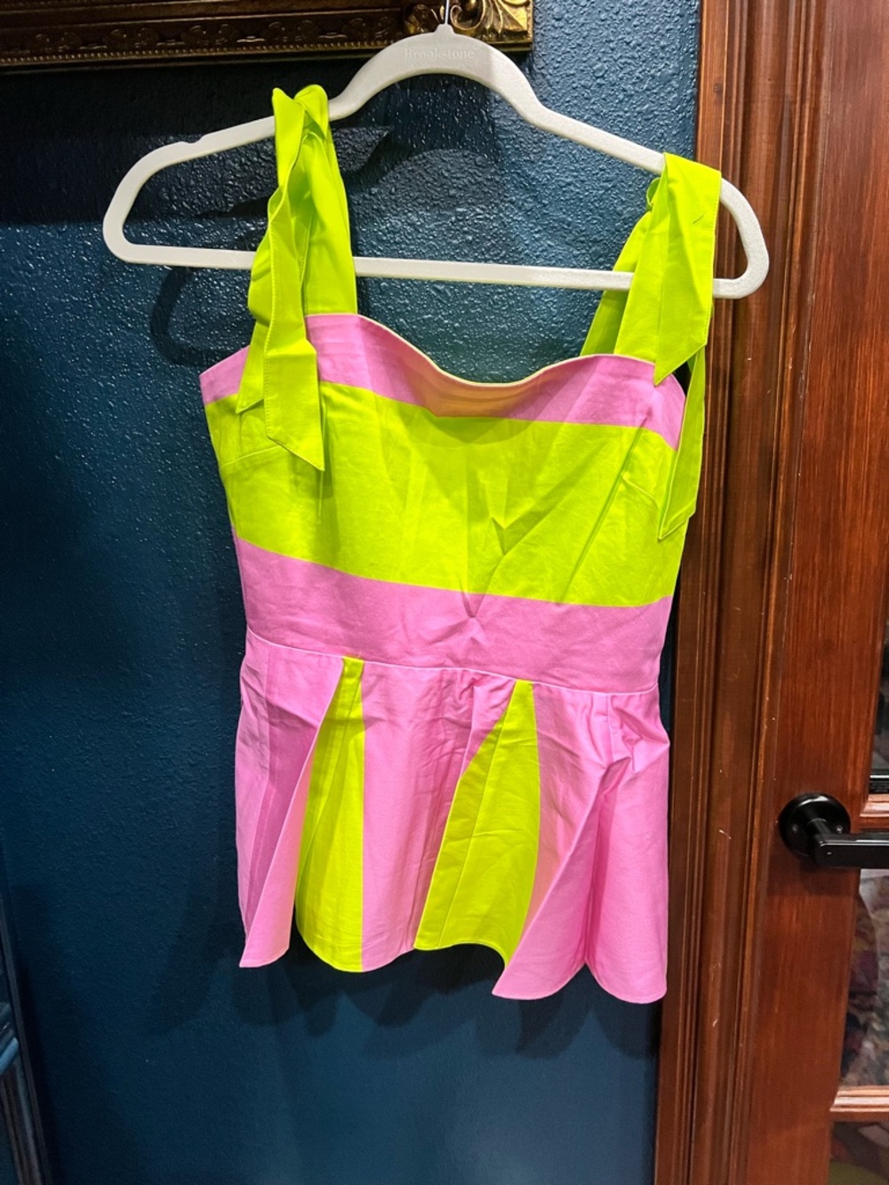 Alden Adair Neon Yellow & Pink Tie-Shoulder Peplum top with belted shorts - Picture 2 of 5
